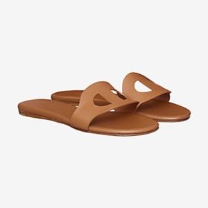 Hermes Lisboa Brown Leather Cutout Slide Sandals
